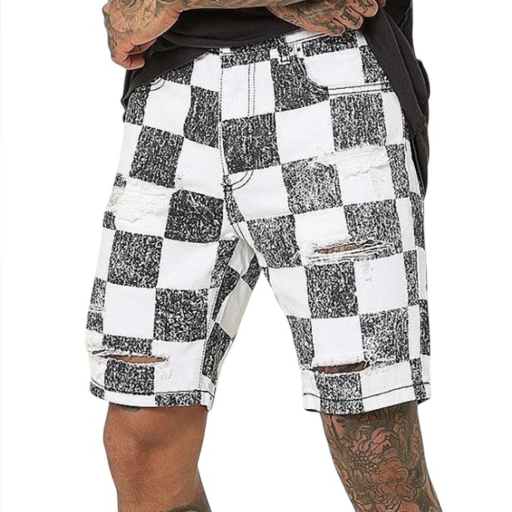 SAINT MORTA Men's distressed Checkered denim Black White‎ Shorts size 38